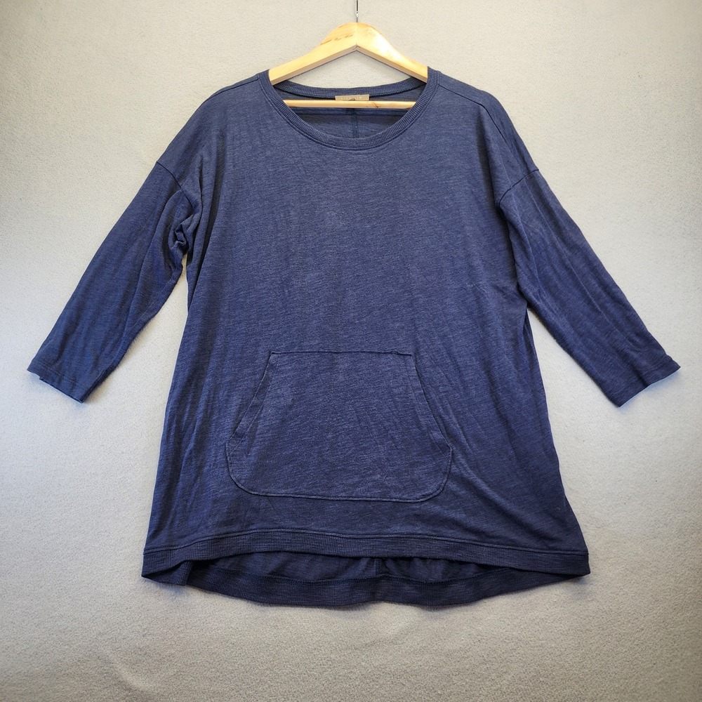 Lilla P Womens Blue Slub Knit Tunic Top Kangaroo Pocket 3/4 Sleeve Med Relaxed